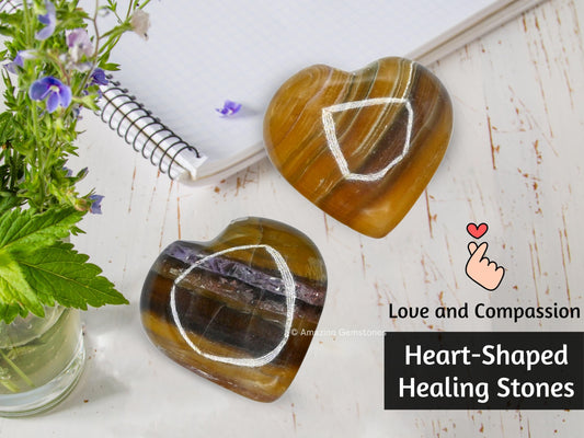 Amazing Gemstone Fluorite Crystal Heart Palm Stone - Pocket Massage Worry Stone for Natural Body Chakra Balancing, Reiki Healing and Crystal Grid