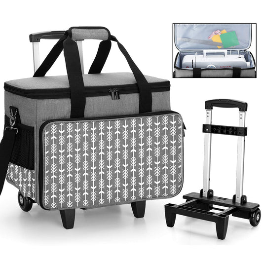 Yarwo Upgraded Rolling Sewing Machine Carrying Case, Detachable Trolley Tote Bag with Removable Bottom Board and Thickened Trailer Leg for Most Standard Sewing Machine and Accessories, Gray with Arrow