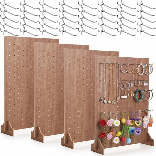 Novabright 4 Pcs Walnut Color Pegboard Display Stand with 40 Metal Hooks, Freestanding Wooden Jewelry Organizer Rack for Craft Shows, Jewelry, Keychain, Accessories, Vendor Booths & Stores, 17 x 13