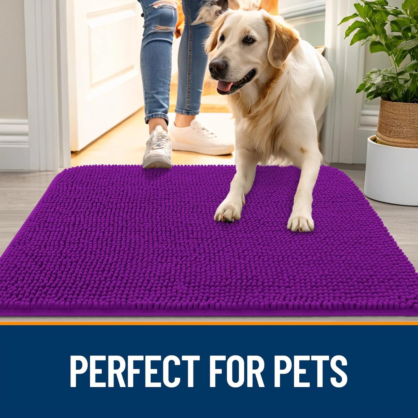 OLANLY Dog Door Mat - Absorbent Non-Slip Chenille Mat for Muddy Paws | 40x32 Inches, Purple