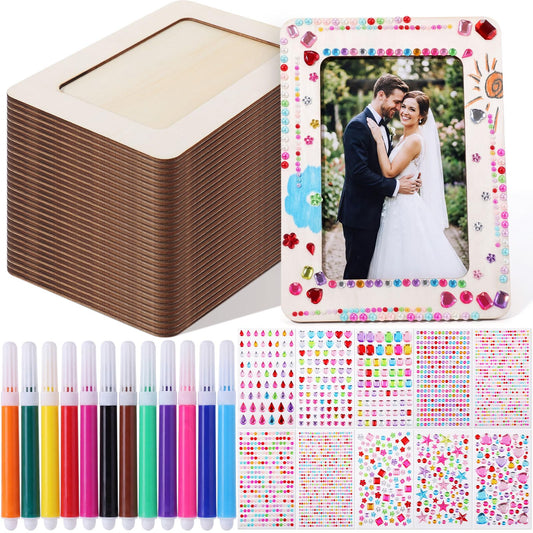 Yousoontic 30 Pack Picture Frame Painting Craft Kit for 4 x 6 Inch Photo DIY Unfinished Wooden Picture Frames with 30 Pcs Color Pens and 10 Sheets Crystal Diamond Stickers for DIY Craft