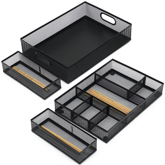 Neudeco Desk Drawer Organizer, 4 Pack Metal Mesh Drawer Organizer Set with Adjustable Dividers, Stackable Pen Organizer for Desk Drawer, Office Supplies Organizer, Black