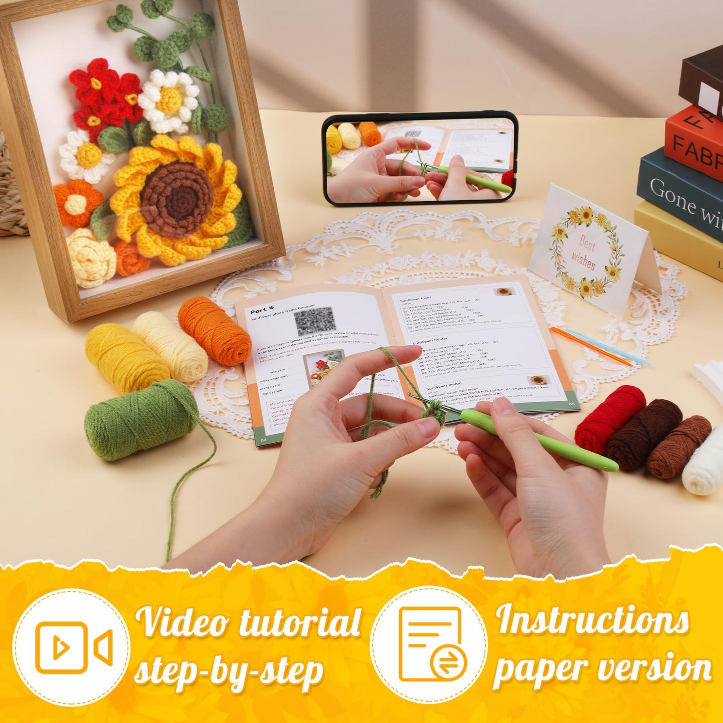 IMZAY Sunflower Crochet Kit with Photo Frame, Sunflower Knitting Weaving Set with Yarn, Hooks, Instruction, Stitching Markers, Fiber Fill, Floral Wire, Crochet Set for Mother's Day, Thanksgiving Day