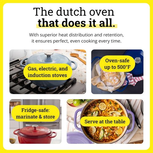 Lodge Essential Enamel Cast Iron Dutch Oven - 6 Quart Moisture-Sealing Lid & Dual Handles - Apricot Color