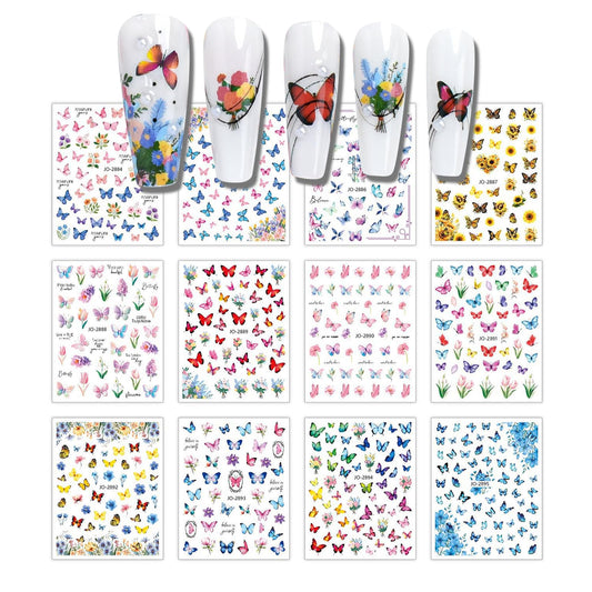 12 Sheets Butterfly Flower Nail Stickers for Nail Art, Colorful Butterflies Nail Decals,Butterfly 3D Self-Adhesive Nail Art Stickers Design for Women DIY Manicure Decoration YX1229
