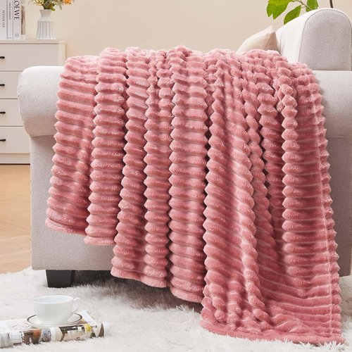 BEDELITE Fleece Throw Blanket - Soft & Warm 3D Ribbed Jacquard Design | Cozy Pink Plush 50x60 Inches