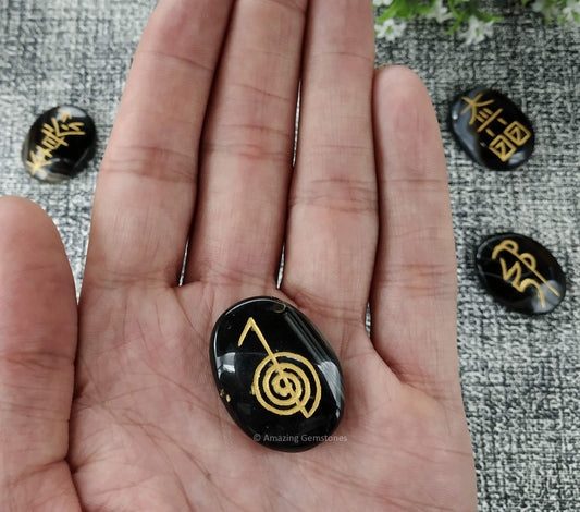 Amazing Gemstone Sulemani Agate Crystal Reiki Stones with Engraved Symbols for Usui Reiki Healing, Set of 4 Pcs (Indian Handmade Reiki Gift Set)
