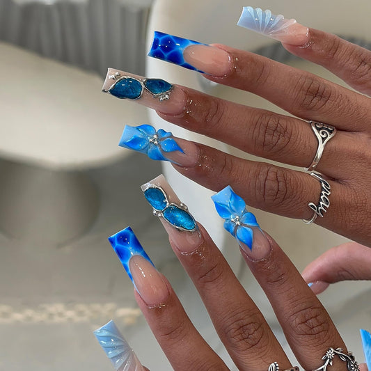10Pcs Press On Nails MAGLFELL Handmade Square Fake Nails, 3D Carving Floral and French Design, Reusable Acrylic Nails Tip Salon Artificial Nails Kit (Size L)