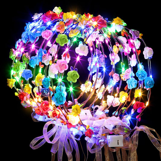 Chicloop 50 PCS LED Flower Crowns Headbands with Ribbons, Light Up Flower Headband for Women, Glow in the Dark Party Supplies for Wedding Birthday Party