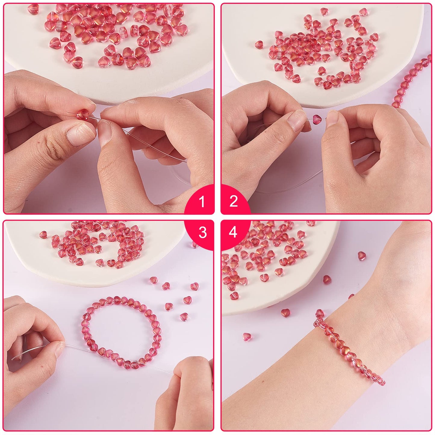 UR URLIFEHALL 100 Pcs Transparent Spray Painted Glass Beads with Glitter Powder Heart Spacer Cerise Beads for Jewelry Making DIY