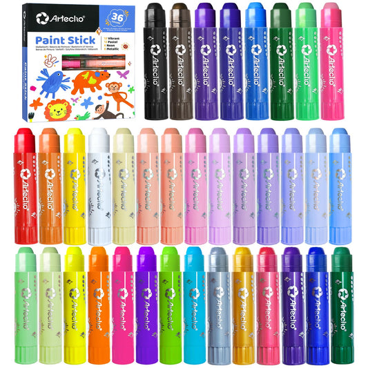 Artecho Tempera Paint Sticks, 36 Colors Washable Paint Sticks Including 12 Vibrant Colors, 12 Pastel Colors, 6 Neon Colors and 6 Metallic Colors