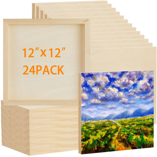 Barydat 24 Pcs Wood Panels for Painting 12'' x 12'' Unfinished Wood Canvas Board Artist Wall 0.79'' Deep Wooden Cradled Panel for DIY Crafts, Easel Display, Painting Pouring Arts Use with Oil, Acrylic