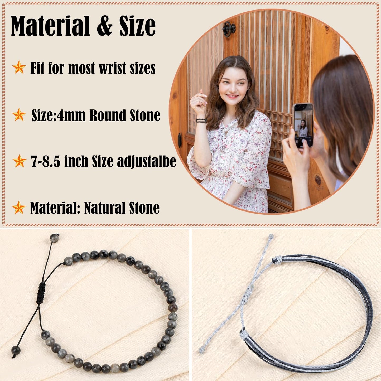 LPBeads 4mm Larvikite Bracelet with Handmade Rope Bracelet Size Adjustable Natural Stone Crystal Healing Bracelets Gifts for Unisex Adults