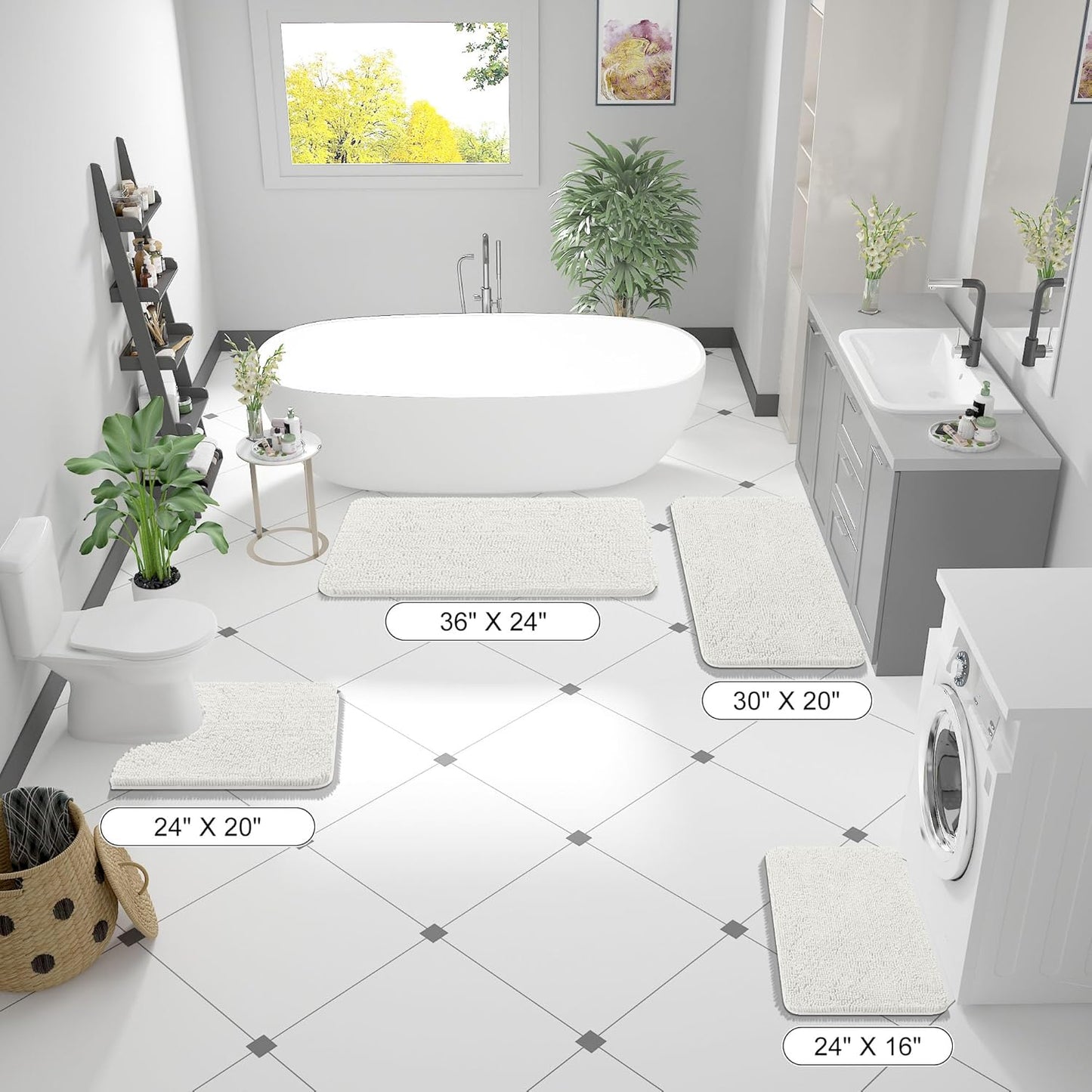 OLANLY Large Bathroom Rugs - Extra Soft Chenille Bath Mats | Quick-Dry, Machine Washable, Ivory 59x35