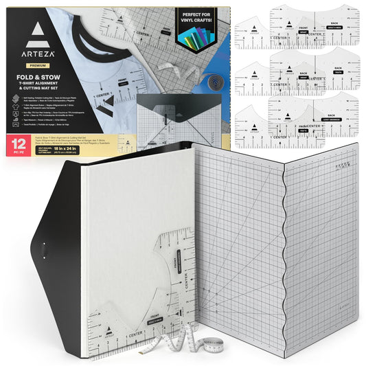 ARTEZA Fold & Stow Multifunctional Cutting Mat Set, 18x24 Inch, Self-Healing, Anti-Slip, with Detachable Ironing Pad, T-Shirt Alignment Rulers, and Tape Measure