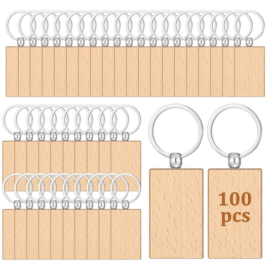 IMengjbang 100Pcs Wood Keychain Blank, Unfinished Laser Engraving Blanks with Key Rings Key Tag Rectangular Keychain Ring Tag Wooden Sign Bulk for DIY, Crafts Gift, Pet Tags