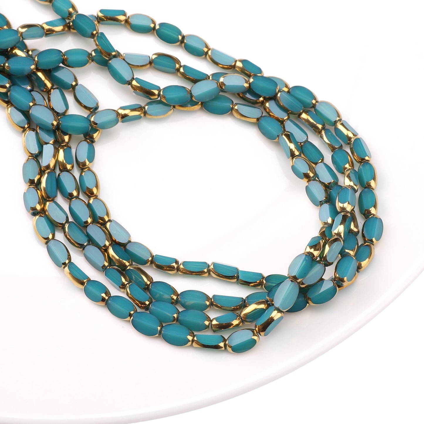 DADIFEN Glass Rice Beads Peacock Blue 4x6mm 50pcs Faceted Oval Golden Edge Crystal Loose Beads for DIY Craft Jewelry Making