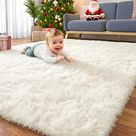 OLANLY Area Rugs - Soft Fluffy Shaggy Indoor Carpet for Living Room & Bedroom | Ivory, Machine Washable
