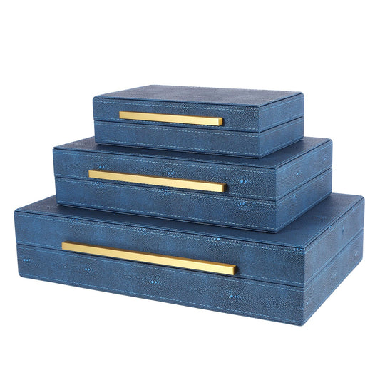 REEMTOO Decorative Storage Boxes with Lids, Decorative Boxes for Home Decor, Faux Shagreen Decorative Box for Stacking Jewelry, Photo, Memory, Storage Boxes, Set of 3 (Blue)