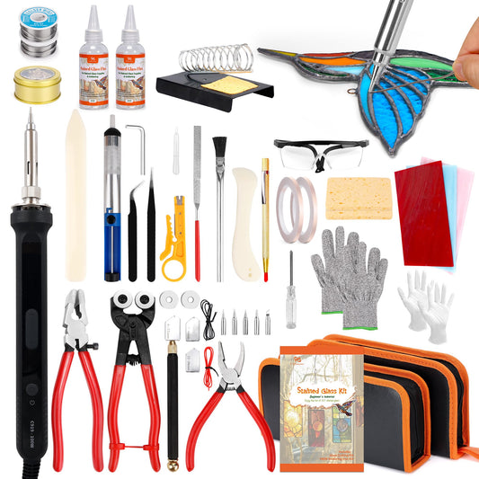 PP OPOUNT Stained Glass Kit for Beginners & Adults, Complete Stained Glass Making Kit with 100W Adjustable Soldering Iron, Glass Cutting Tools, Diamond Cutter Set & Instructions for DIY Glass Crafts