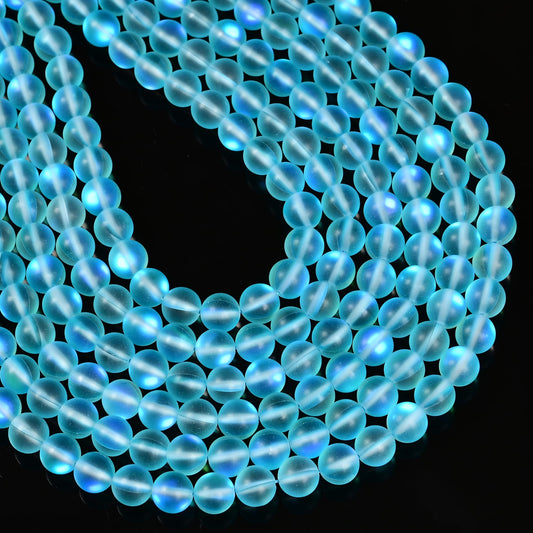10mm Matte Aqua Blue Mermaid Aurora Crystal Glass Bead, Glitter Round Synthetic Moonstone Beads for Jewelry Making Bracelets