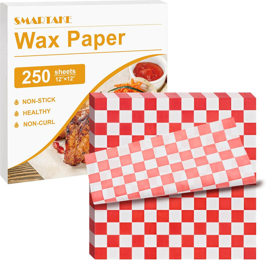 SMARTAKE Non-Stick Wax Paper - 250 Pcs 12x12 Inch Hamburger Patty & Sandwich Separators | Red Plaid