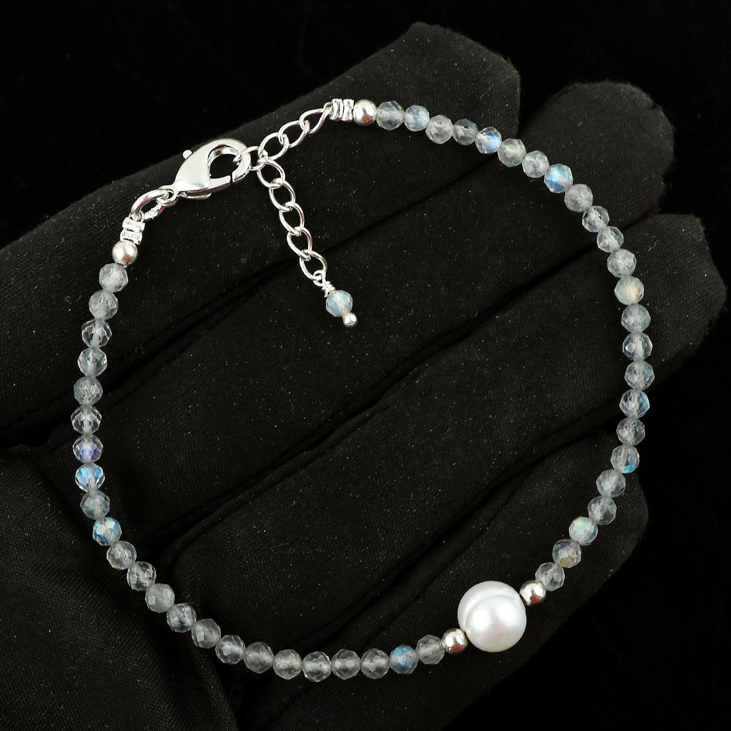 CRYSTALINES Natural Labradorite Gemstone Bracelet, Cultured Pearls Beads Stones, Handmade Hypoallergenic Boho Jewelry for Women, Healing Crystals, Adjustable Silver Plated 7+1inch, Birthday Gift