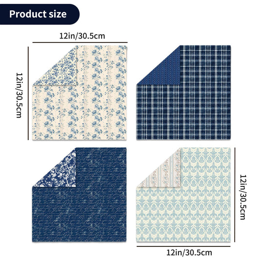 12x12 Scrapbook Paper, 24 Sheets/24 Designs Vintage Blue Scrapbook Paper Set, Double Sided Garden Pattern Floral Decorative Craft Paper For DIY Card Making Photo Album Journal Decor