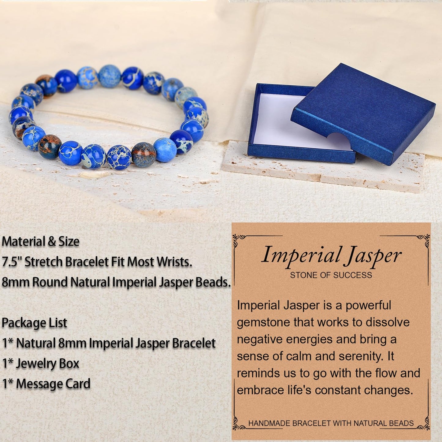 LPBeads Handmade Natural Gemstone Stretch Elastic 8mm Blue Imperial Jasper Bracelet Healing Crystal Round Stone Beads Jewelry Gifts for Women Men