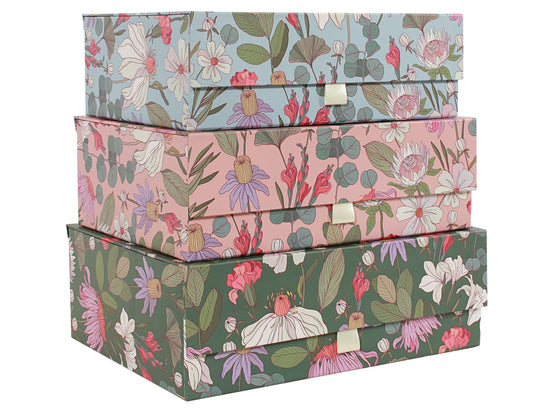 MIZFRUZZY 3-Piece Decorative Storage Boxes with Lids, Magnet and Ribbon, Blue, Green, Pink, Floral, Cardboard Paper Keepsake box Set, Photo Storage Box for Memory, Modern Stylish Home Decor