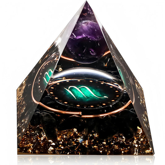 12 Zodiac Orgone Crystal Pyramid, Natural Amethyst with Obsidian,Healing Crystals Pyramid for Protection Chakra, Unique Constellation Pyramid for Positive Energy, Healing Money Health(Scorpio)