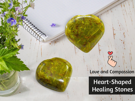 Amazing Gemstone Green Opal Crystal Heart Palm Stone - Pocket Massage Worry Stone for Natural Body Chakra Balancing, Reiki Healing and Crystal Grid