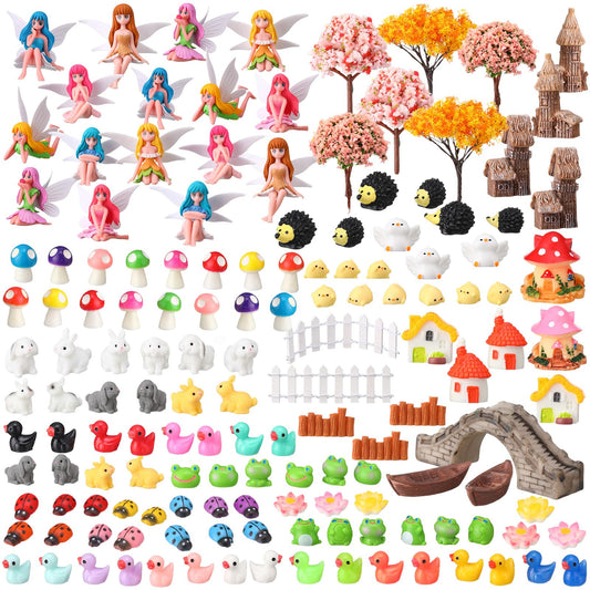 Seenelling 150 Pcs Fairy Garden Accessories Miniatures Figures Kit Micro Landscape Resin Mushroom Animals Fake Pond Lawn Bridge Garden Decoration