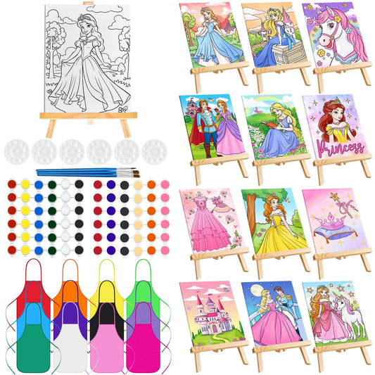 Ireer 12 Set Paint Party Set 8 x 10 Sip and Paint Kit Include 12 Printed Pre Drawn Canvas Panel, Wooden Easels, Palettes, Pots, Apron 36 Brushes for Adult Art DIY Party(Princess)