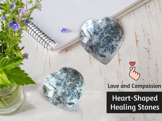 Amazing Gemstone Dendrit Opal Crystal Heart Palm Stone - Pocket Massage Worry Stone for Natural Body Chakra Balancing, Reiki Healing and Crystal Grid