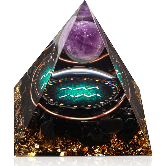 12 Zodiac Orgone Crystal Pyramid, Natural Amethyst with Obsidian,Healing Crystals Pyramid for Protection Chakra, Unique Constellation Pyramid for Positive Energy, Healing Money Health(Aquarius)