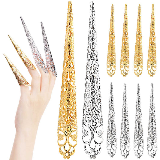 ANCIRS 20 Pack Finger Nail Tip Claw Rings, Ancient Queen Costume Fingertip Claw Nail Rings Decoration Accessory, Finger Knuckle Protectors for Halloween Cosplay Drama Dance Show- 10 Gold & 10 Silver
