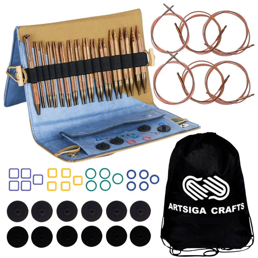 KnitPro Ginger Grande Set 5 inch Circular Knitting Needles Size 3, 4, 5, 6, 7, 8, 9, 10, 10.5, 11, 13, 15, 17 Interchangeable, 6 Cables & More, Fabric Case with Project Bag
