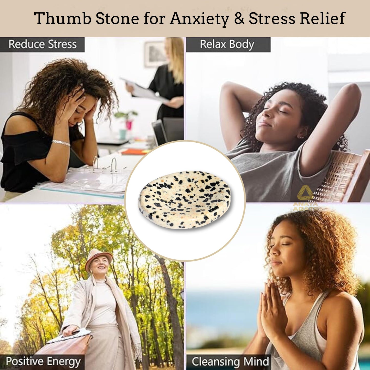 Anaya Agate Dalmatian Jasper Worry Stones Certified Crystal Thumb Worry Stone for Anguish, Relaxing and Soothing Balance Stones for Meditation, Stress Relief Crystals and Healing Stones for Men, Women