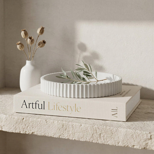 Decorative Concrete Tray & Book Decor Set - Scalloped Tray & Linen Box Enhance Your Coffee Table or Bookshelf Decor - Stylish Home Decoration for Your Living or Dining Room & as a Housewarming Gift