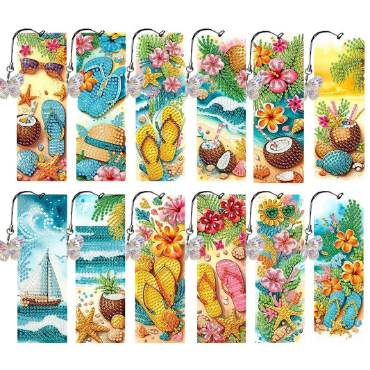 12 Pcs Diamonds Painting Bookmarks Diamond Art Kits for Adults DIY Full Round Gem Crystal Art Bookmarks with Pendant Home Office Supplies for Reading Lovers
