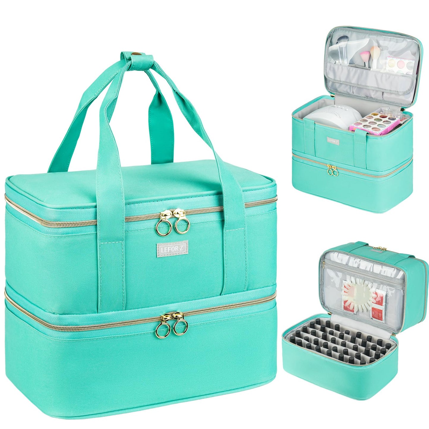 LEFOR·Z Nail Polish Organizer,Double-Layer Nail Organizers and Storage,Nail Polish Carrying Case for 40 Bottles (15ml-0.5 fl.oz) and Nail Lamp,Portable Nail Polish Holder for Nail Supplies,Mint Green