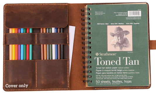 Leather Sketchbook Cover for 5.5" x 8.5" Sketchbook, Refillable A5 Full Grain Leather Artist Sketch Pad Cover with Pencil Holder and Storage Pocket, Handmade Travel Drawing Portfolio, Brown
