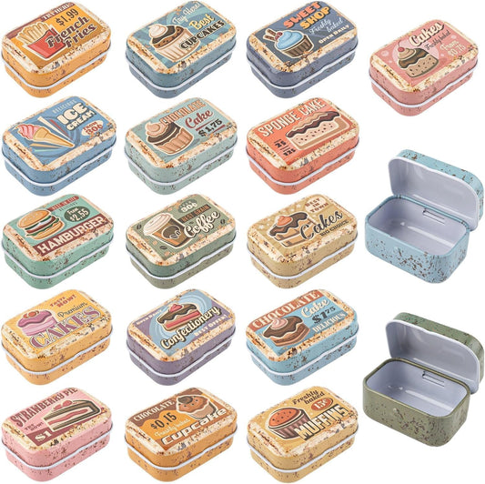 16 Pcs Mini Butter Dessert Tin Trinket Jewelry Organizer Storage Box Decorative Boxes Vintage Small Metal Tins with Hinged Lids Portable Containers Kit,Christmas Stocking Stuffers (Multicolor)