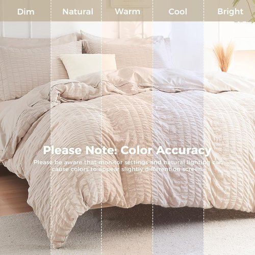 HYMOKEGE California King Comforter Set - 7-Piece Seersucker Luxury Bedding in Beige for All Seasons