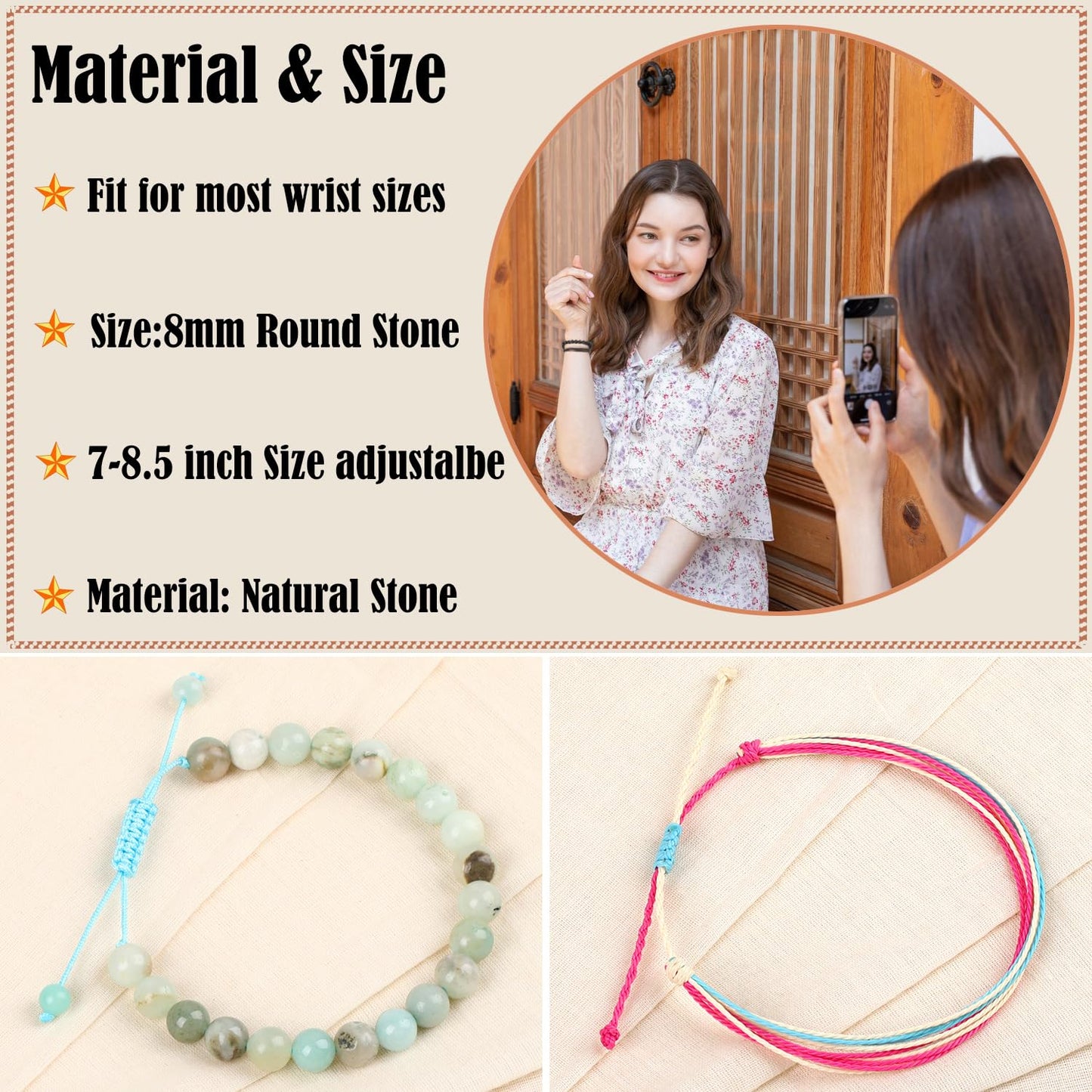 LPBeads 8mm Amazonite Bracelet with Handmade Rope Bracelet Size Adjustable Natural Stone Crystal Healing Bracelets Gifts for Unisex Adults