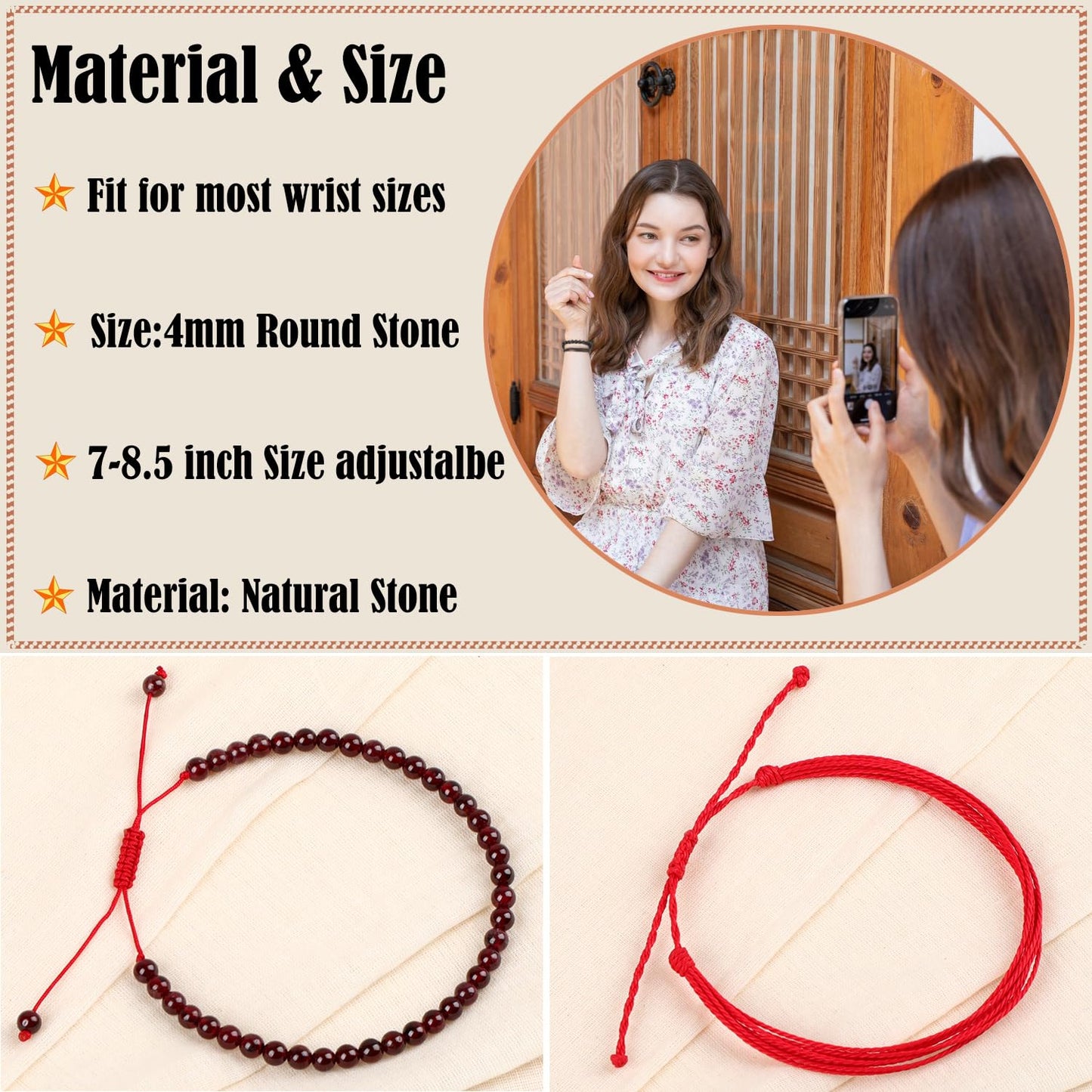 LPBeads 4mm Garnet Bracelet with Handmade Rope Bracelet Size Adjustable Natural Stone Crystal Healing Bracelets Gifts for Unisex Adults