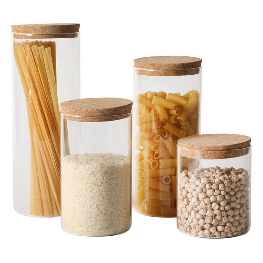 Sur La Table Kitchen Essentials Rue Lumiere 4-Piece Handmade Glass Canister Set with Airtight Cork Lids, Clear – 57 oz, 45 oz, 34 oz & 25 oz, Food Storage Jars, Dishwasher Safe, Pantry Organization