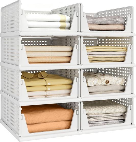 Pinkpum 8-Pack Closet Organizers - Stackable Plastic Storage Bins for Wardrobe & Kitchen | White