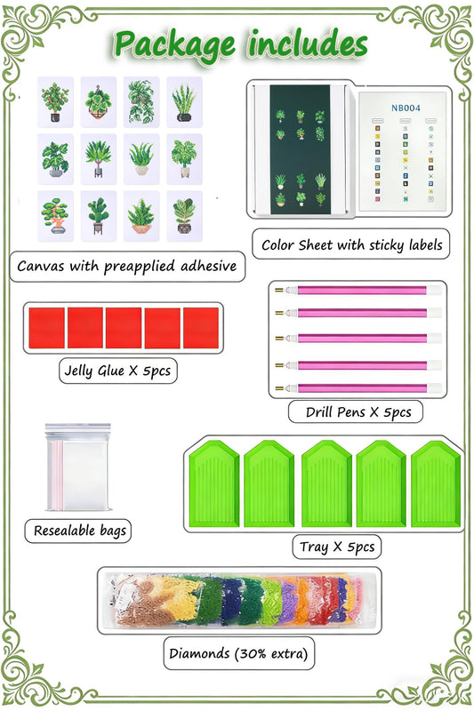 Apomelo 12pcs Small Diamond Art Kits Green Plants, Round Drill Mini Small Diamond Art Kits for Adults Beginners,Mini Diamond Art for Home Wall Desktop Art Decor, 6X8 inches
